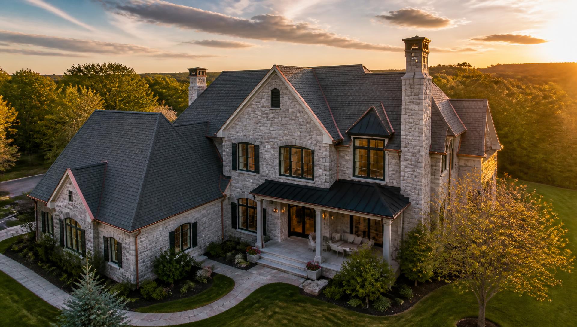 Aerial view of a home with a newly installed architectural shingle roof